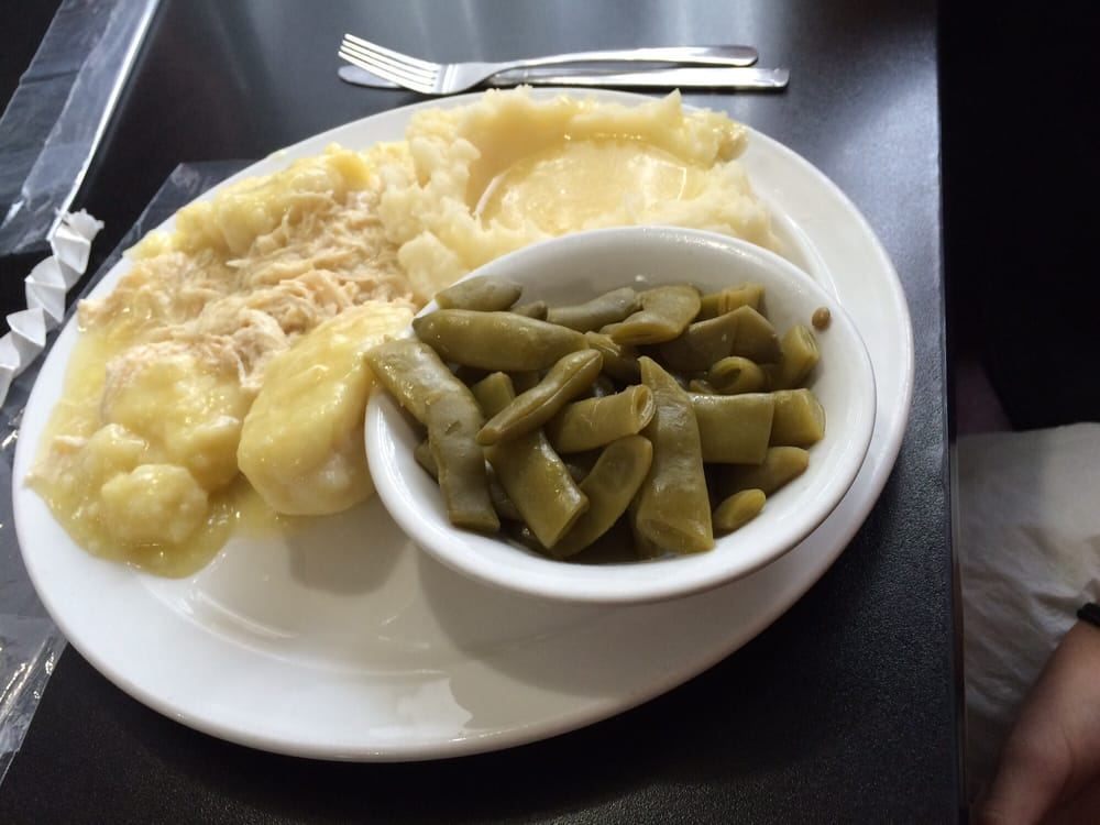 Chicken and dumplings with green beans and mashed potatoes