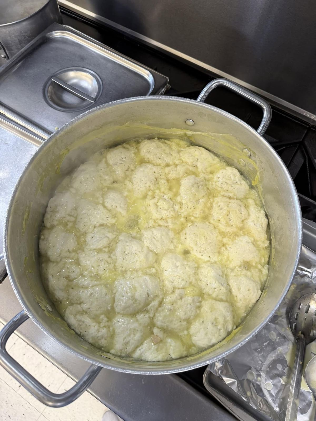 A fresh pot of chicken and dumplings on the stove in Tammy's kitchen